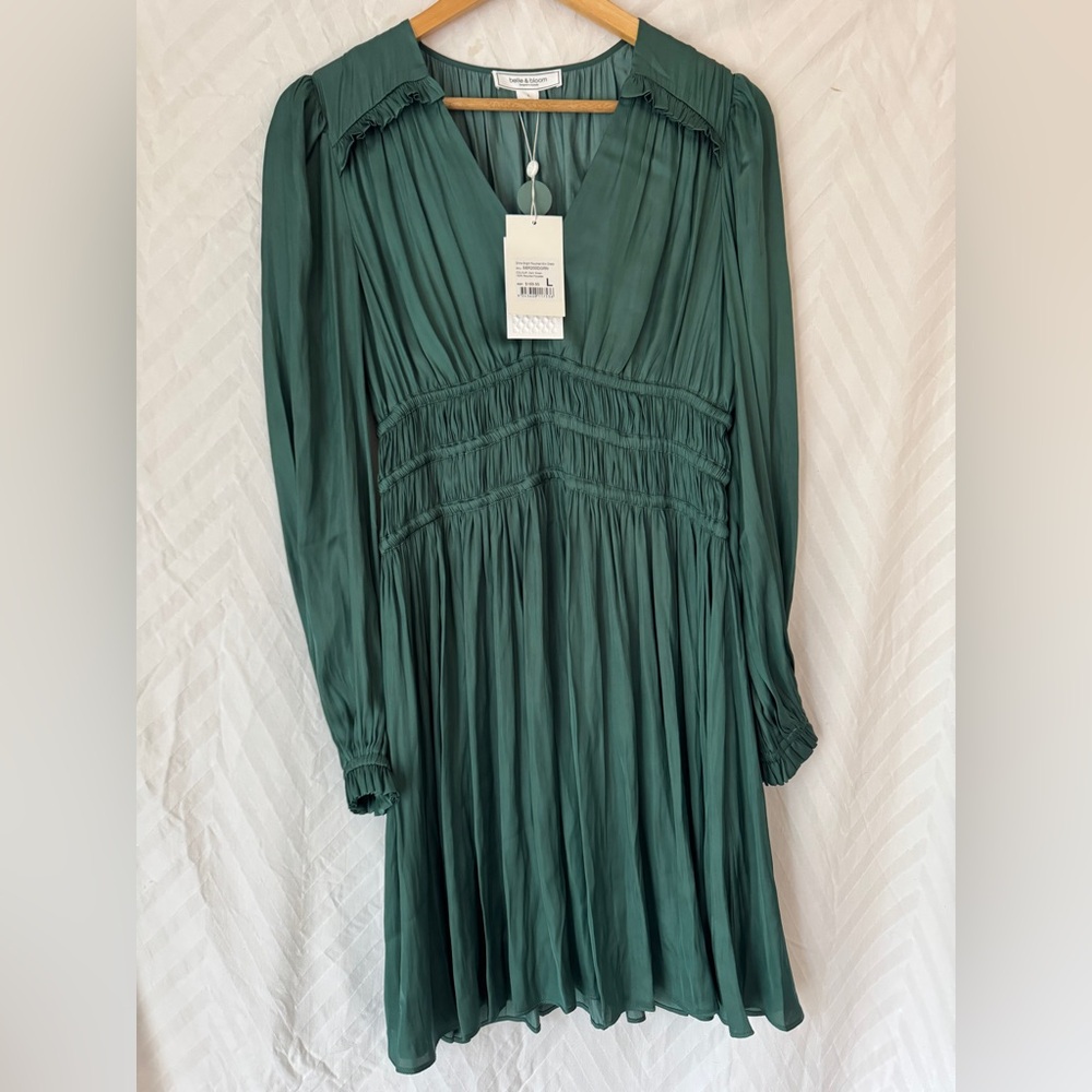 Belle & Bloom- Shine Bright Ruched Mini Dress - Dark Green - Size Large - NWT